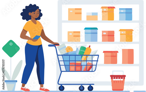 Woman shopping in a grocery store aisle with a full cart of groceries