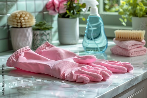 Photograph a pair of pink rubber gloves laid out flat on a white countertop next to cleaning supplies like sponges and a spray bottle, with soft daylight streaming in, and space photo