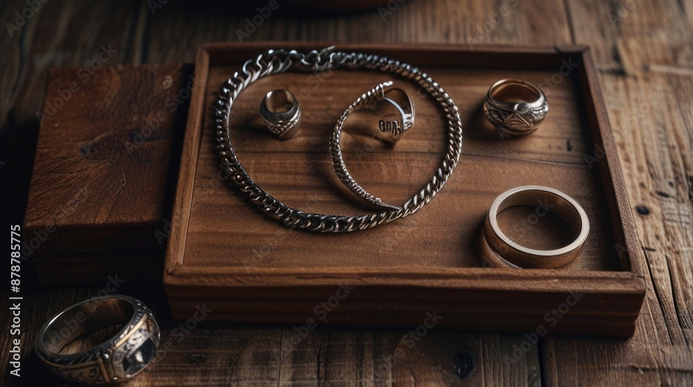 Flat lay with Men's Accessories rings and necklaces on a Wooden Background Flat lay with Men's Accessories rings and necklaces on a Wooden Background