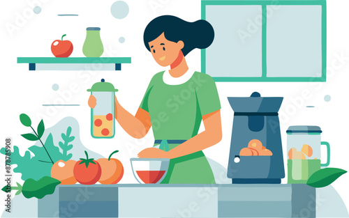 Woman preparing healthy juice with fresh fruits and vegetables in modern kitchen