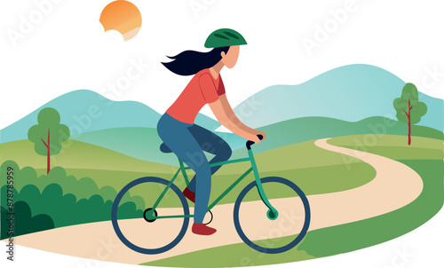 Woman riding a bicycle on a scenic path surrounded by nature under the sun