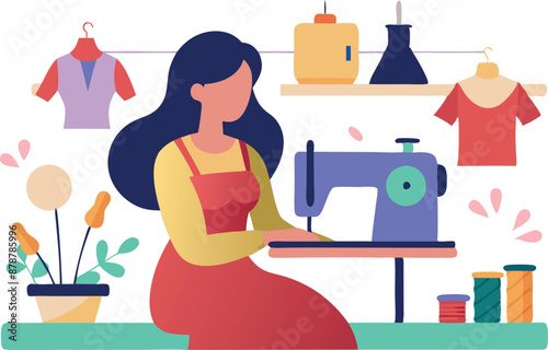 Illustration of a woman sewing with a machine in a cozy workshop environment