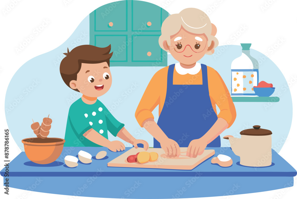 Happy grandmother and grandson cooking together in the kitchen, family bonding time, homemade meal preparation Happy grandmother and grandson cooking together in the kitchen, family bonding time, homemade meal preparation