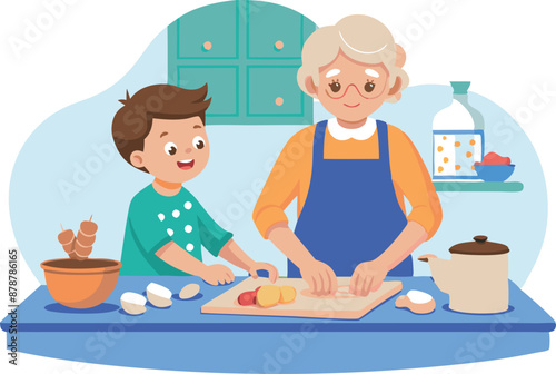 Happy grandmother and grandson cooking together in the kitchen, family bonding time, homemade meal preparation