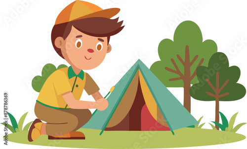 Young boy setting up a tent in the forest during a camping trip