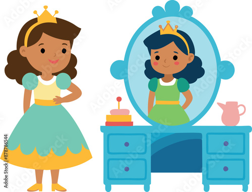 Young girl dressed as a princess standing in front of a mirror in her bedroom