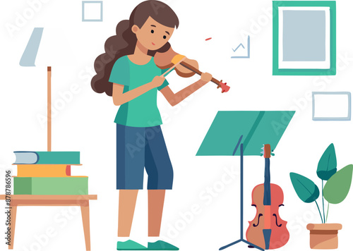 Young girl practicing violin at home with music stand and decor