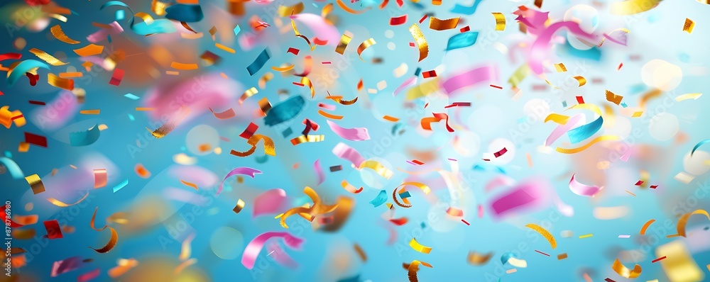Vibrant confetti cascading against a blurred blue backdrop, creating a festive and party atmosphere with space for text. Vibrant confetti cascading against a blurred blue backdrop, creating a festive and party atmosphere with space for text.