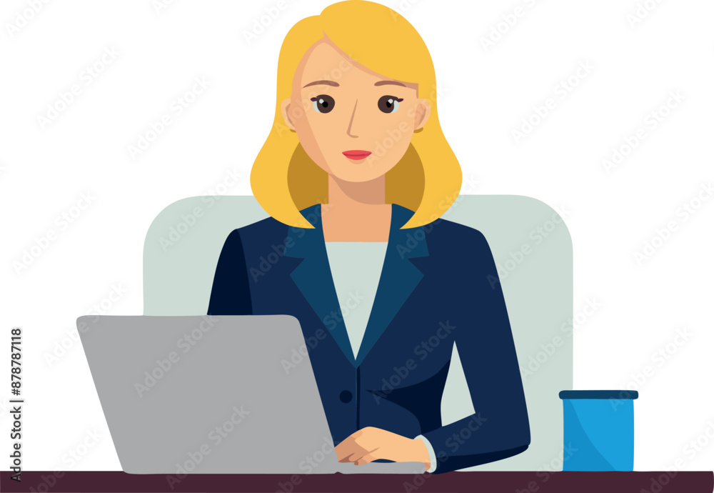 Female business professional working on a laptop at her desk in office setting Female business professional working on a laptop at her desk in office setting