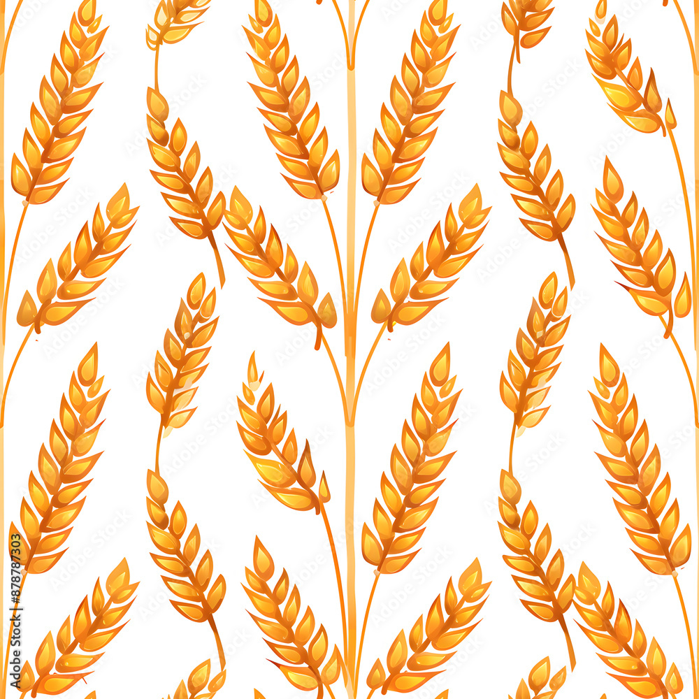 Yellow wheat ears on white background. Autumn or summer seamless pattern with golden barley harvest. Happy Shavuot concept. Jewish holiday. Design for print paper, textile, fabric, wallpaper Yellow wheat ears on white background. Autumn or summer seamless pattern with golden barley harvest. Happy Shavuot concept. Jewish holiday. Design for print paper, textile, fabric, wallpaper
