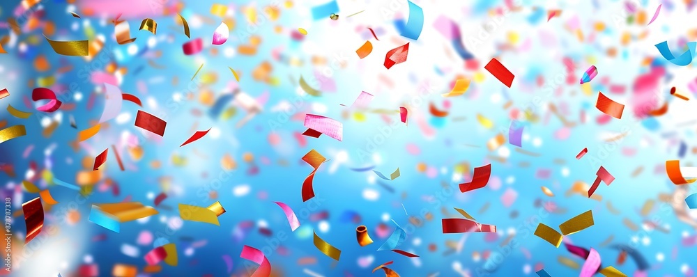 Vibrant confetti falling against a blurred blue background, creating a festive and party theme with plenty of space for text. Vibrant confetti falling against a blurred blue background, creating a festive and party theme with plenty of space for text.
