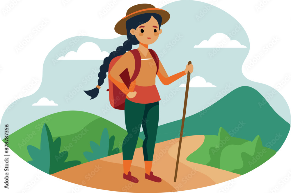 Εκτύπωση καμβά Cartoon woman hiking with backpack and walking stick on nature trail in mountain