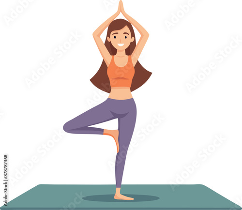 Young woman practicing yoga in tree pose on yoga mat cartoon illustration