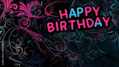 Abstract background with patterns, curved lines, and swirls in dark colors, "HAPPY BIRTHDAY" in pink and blue letters, high detail vector graphics.