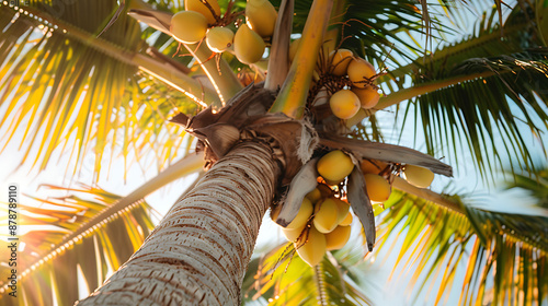 Abundant coconuts cluster on a palm tree, bathed in warm sunlight, evoking tropical paradise.
