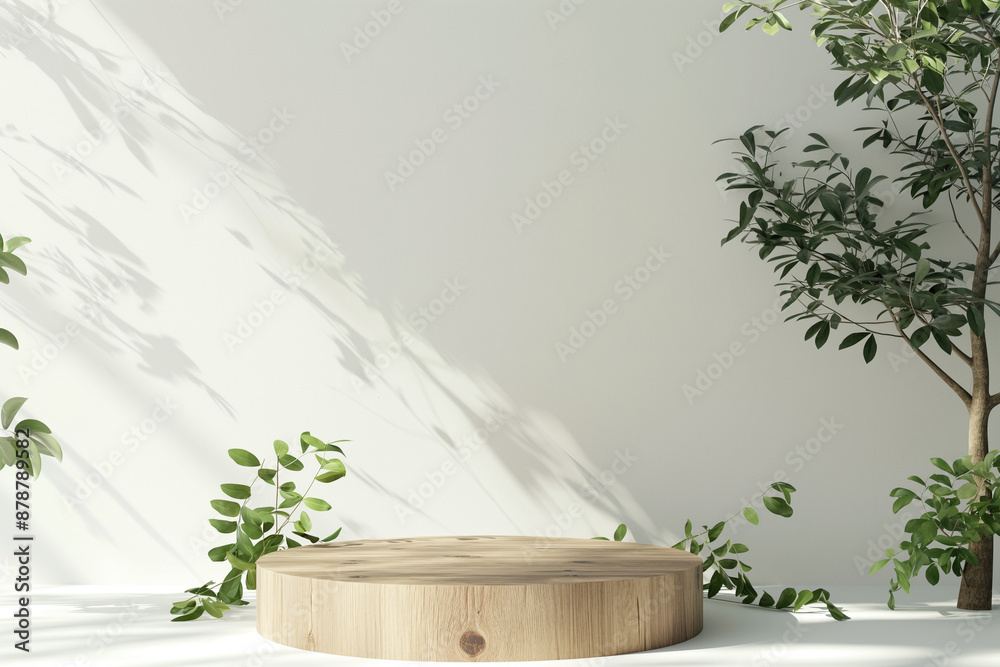 Minimalist Wooden Platform Product Podium with Green Foliage Shadows, Natural Light, and Clean White Background for Product Display or Presentation