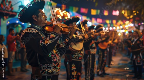 Obraz na płótnie A mariachi band performs at night in a festive street setting w salonie
