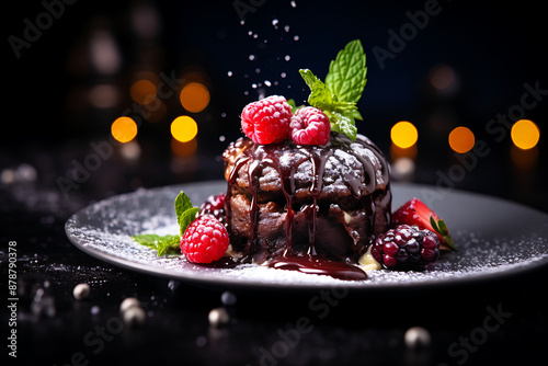 Rich chocolate cake with berries and mint, dusted with powdered sugar, a decadent treat.