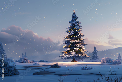 Snowy landscape with a decorated evergreen tree, illuminated and surrounded by falling snow.