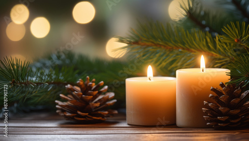 Candles and pine needles against a backdrop of a christmas tree. on a wooden table with greenery next to it © MD Media