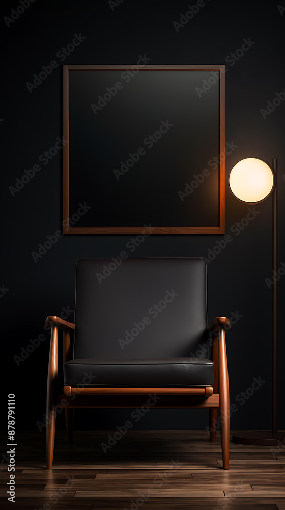 Fototapeta premium Dark room, framed black canvas, wooden chair. Modern interior. 