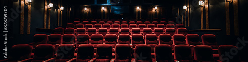 Empty movie theater, rows of red seats.