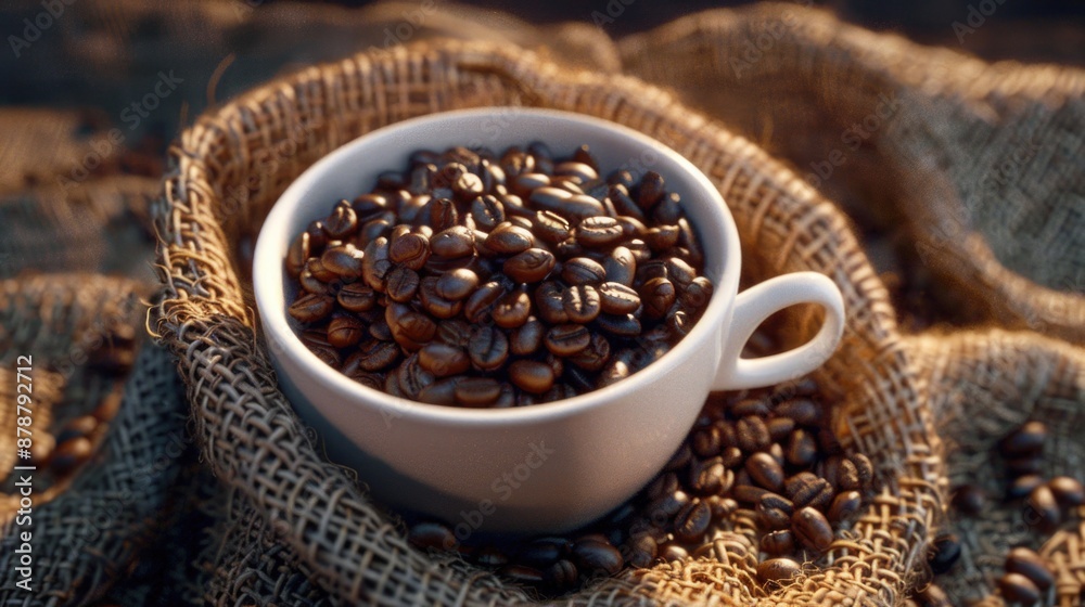 Fototapeta premium A white cup filled with coffee beans on a table, perfect for a morning pick-me-up or as a decorative accent