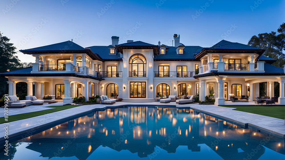 Fototapeta premium Dream home vibes! Luxurious two-story mansion with a wraparound pool 