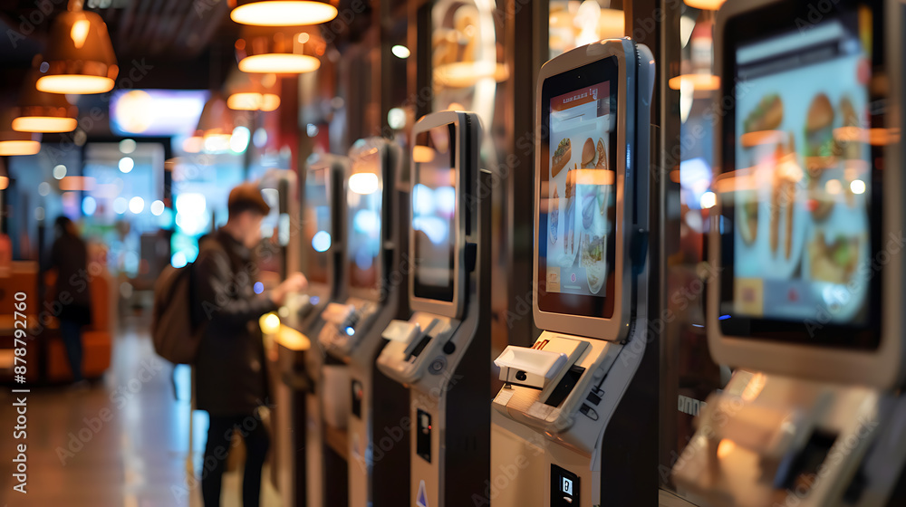 Fototapeta premium Self-service kiosks in a restaurant, ordering food. 