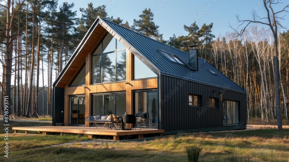 Modern black cabin with large windows and wooden deck in forest Modern black cabin with large windows and wooden deck in forest