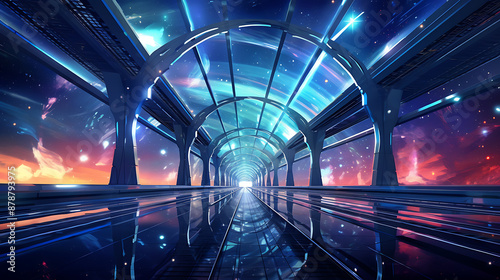 Futuristic corridor with blue, pink and white starry sky evokes a sense of wonder and possibility for science fiction and space exploration themes. 
