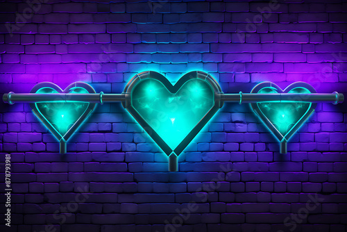 Neon glowing turquoise hearts on a brick wall, blue and purple,  a modern and romantic Valentine's Day design. 
