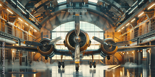 Vintage airplane,  steel, gold, and brown,  in hangar,  evoking nostalgia and adventure,  perfect for travel, history, and aviation projects. 
