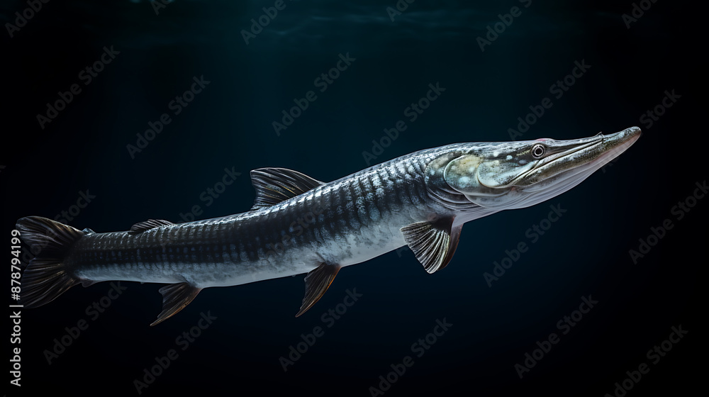 Fototapeta premium Long, dark fish glides through dark water. 