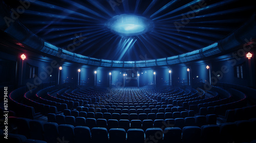 Dark, circular theater, empty seats, dramatic lighting.

