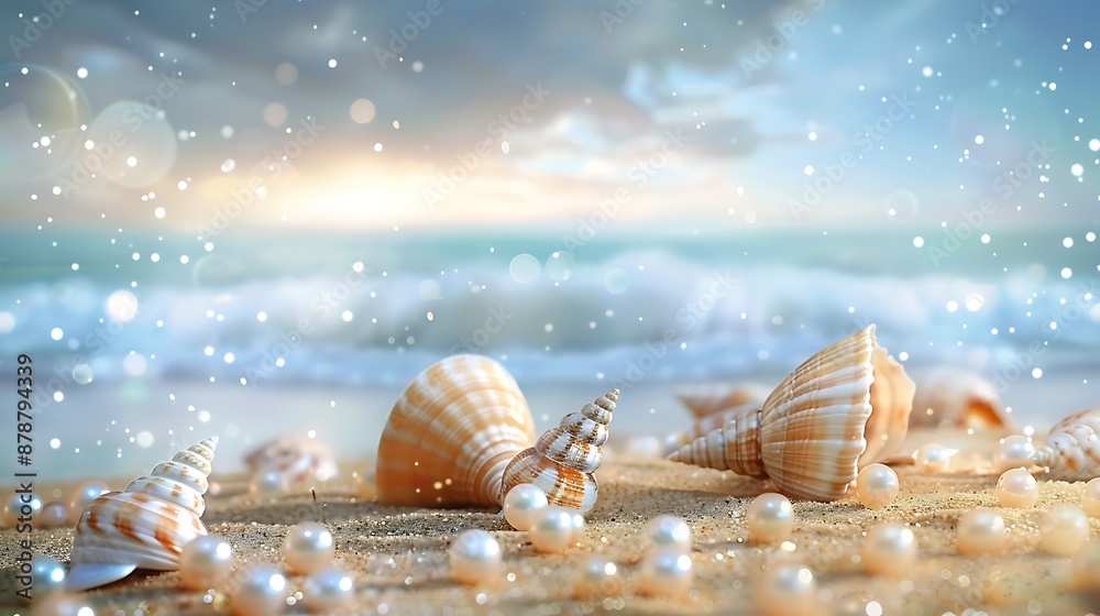 Shells with pearls on the beach with rainy day very detailed and realistic shape Shells with pearls on the beach with rainy day very detailed and realistic shape