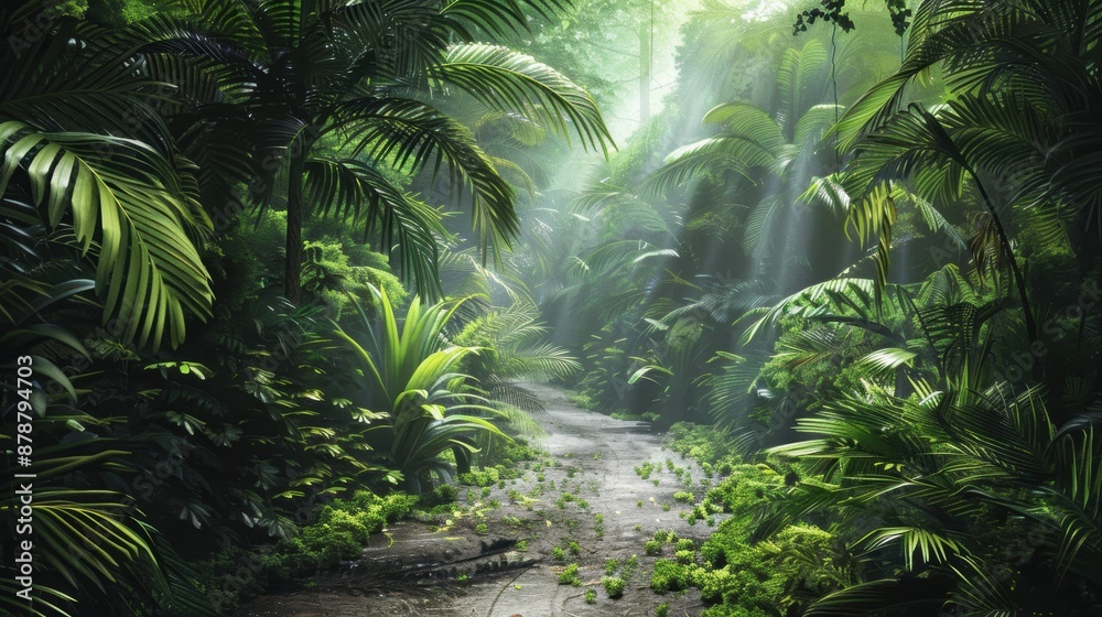 Sunbeams through lush tropical rainforest Sunbeams through lush tropical rainforest