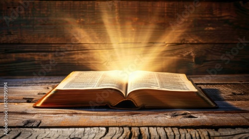 Open book glowing with light on rustic wooden table