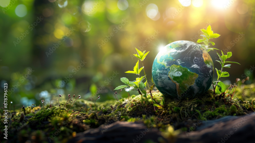 Green planet Earth with growing plants on moss in a forest in the morning sunlight Green planet Earth with growing plants on moss in a forest in the morning sunlight