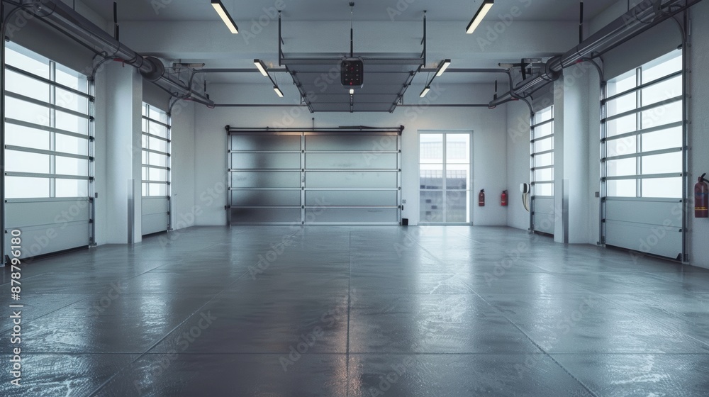 Obraz premium Empty garage interior with large overhead doors