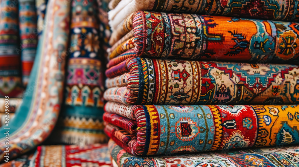 Display of ornate Oriental rugs and carpets.