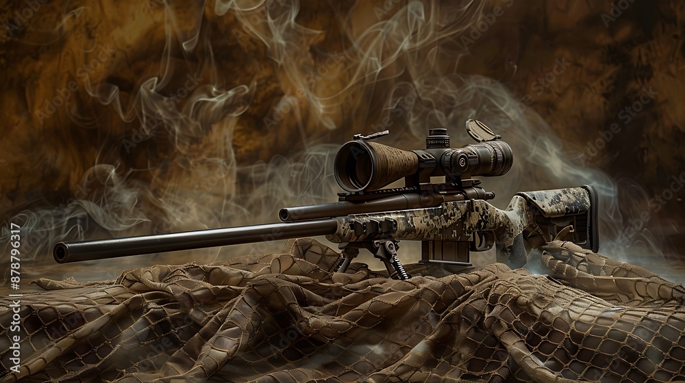 Smoky background of a sniper rifle atop a camouflage net in a studio very detailed and realistic shape
