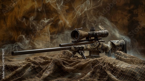 Obraz na płótnie Smoky background of a sniper rifle atop a camouflage net in a studio very detailed and realistic shape w salonie