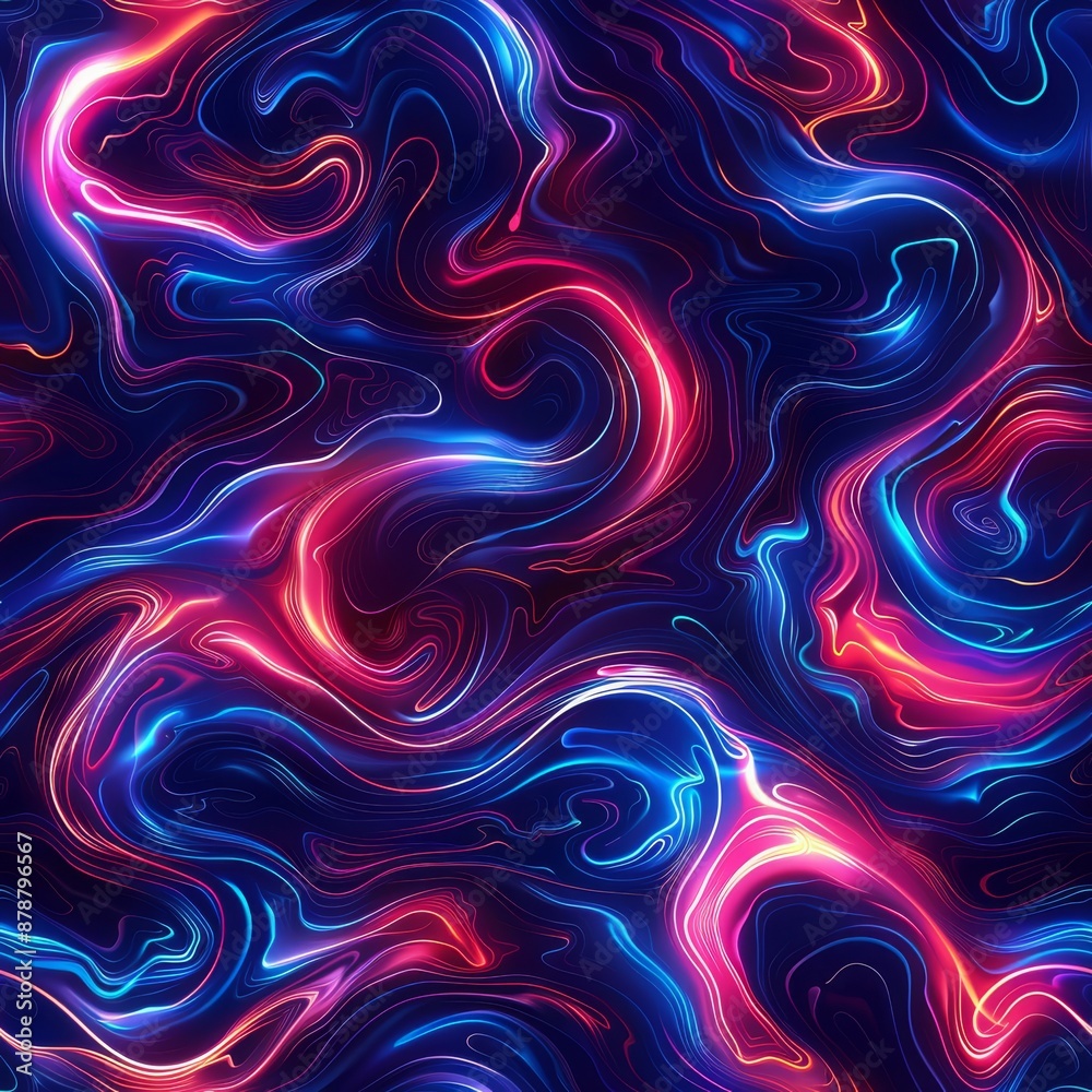 Obraz premium A mesmerizing seamless pattern featuring vibrant swirling neon lights in shades of blue and red. This digital art exudes energy and dynamism, perfect for modern and futuristic designs.