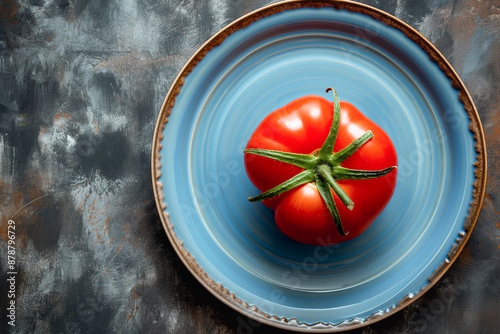 tasty and healthy ox heart or oxheart tomato on a blue plate, top view, still life photo