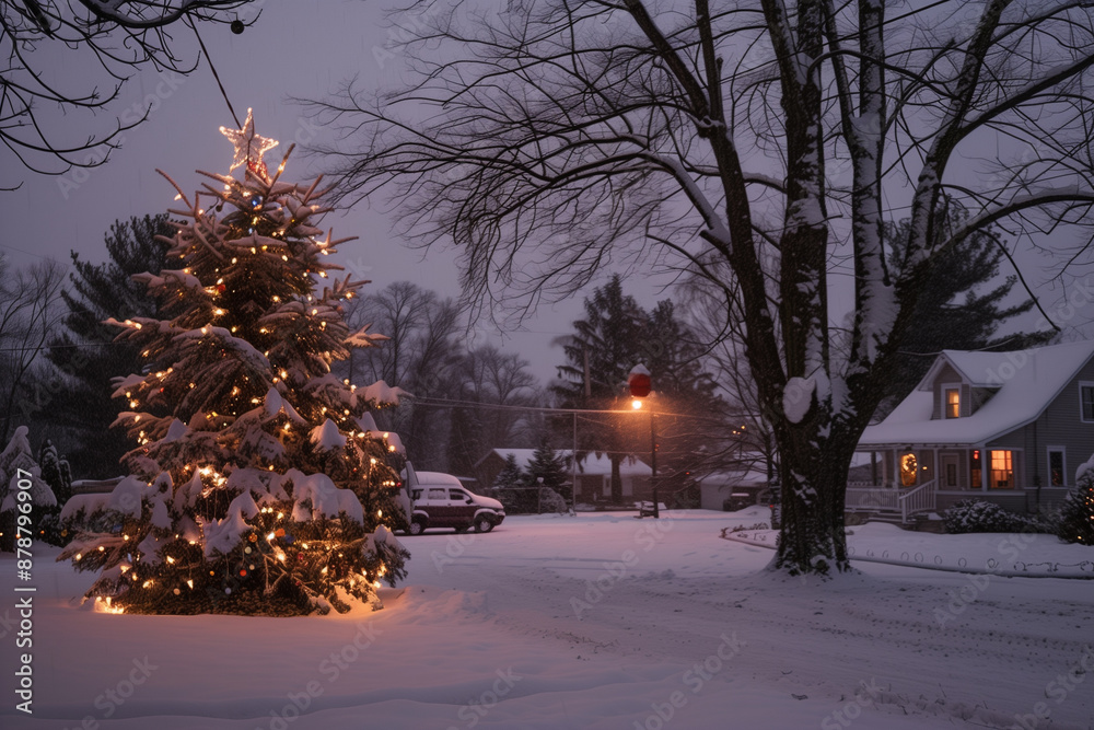 Obraz premium Snowy winter scene with a large decorated Christmas tree lit with warm, white lights and covered in snow. Behind the tree is a snow-covered street, a parked car, and a small house. 
