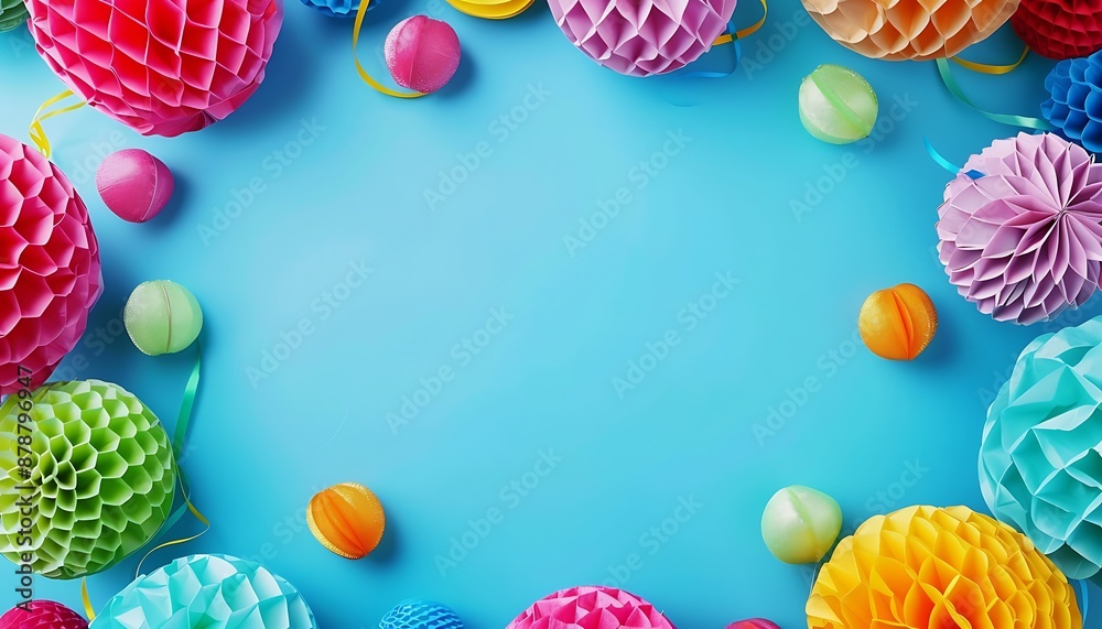 Blue background with vibrant party decorations, top view and room for text. Blue background with vibrant party decorations, top view and room for text.
