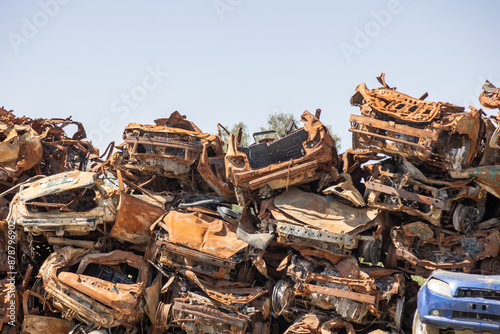 Tableau sur toile Sa'ad, Israel – May 9 2024, Cars remaining, burned cars after the attack on October 7th by Hamas