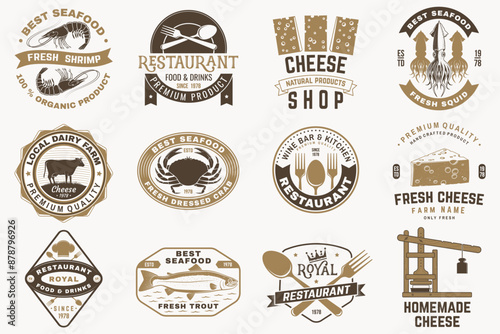Set of cheese family farm, seafood and Restaurant retro badge. Vector. For seafood emblem, sign, menu restaurants with cheese, tuna, trout, shrimp, octopus crab mussels and clams