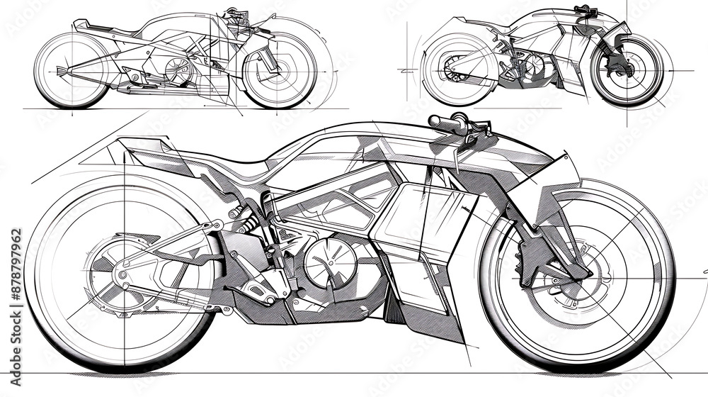 Obraz premium Conceptual motorcycle design sketches, various angles. 